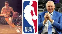 Da esquerda para a direita: Movimento de Jerry West imortalizado no logotipo da NBA, logo da NBA e Jerry West antes de morrer