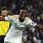 Vinicius Júnior celebra o gol contra o Borussia Dortmund, no Estádio Wembley, na Inglaterra - 1º/6/2024 | Foto: Carl Recine/Reuters