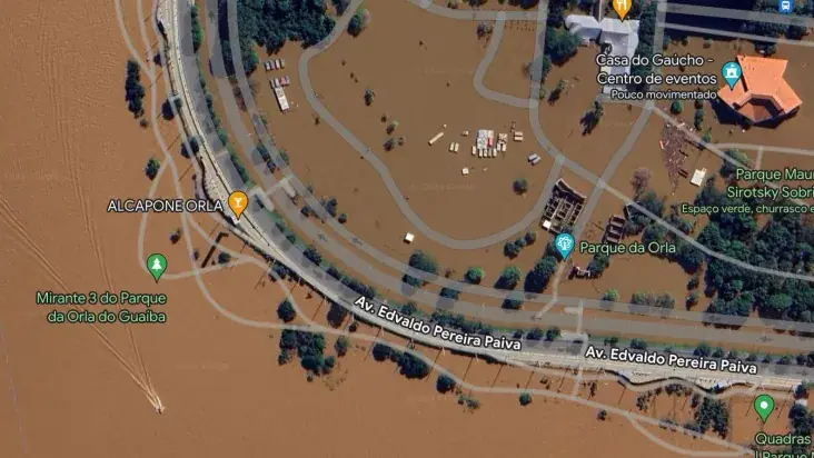 Atualização das imagens de satélite da plataforma mostra a dimensão das enchentes em Porto Alegre | Foto: Reprodução/Google Maps
