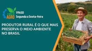 Chamada do programa A Força do Agro de 5 de maio de 2024; na imagem, um produtor rural sorridente segura um caixote com hortaliças