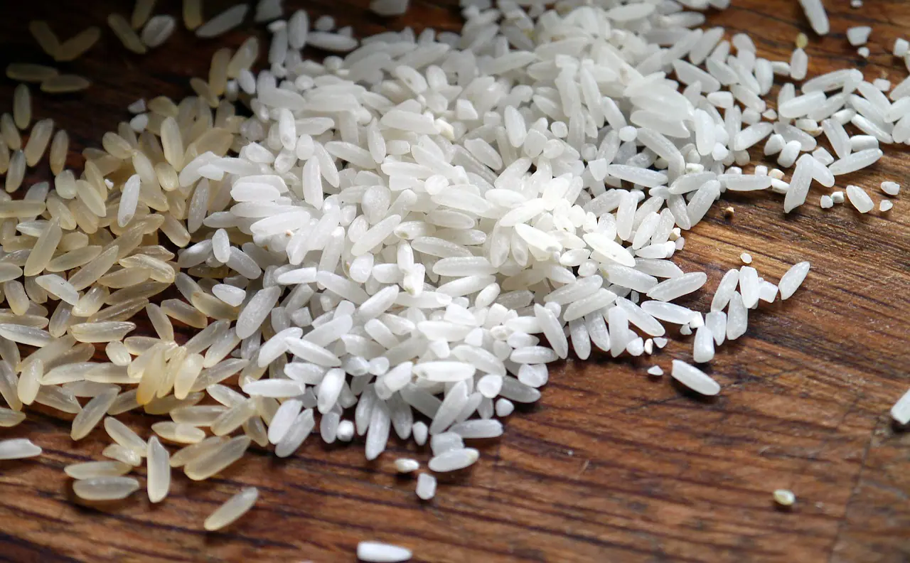 Grãos de arroz em cima da mesa