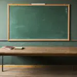 Imagem de quadro escolar verde com mesa na drente da parede verde