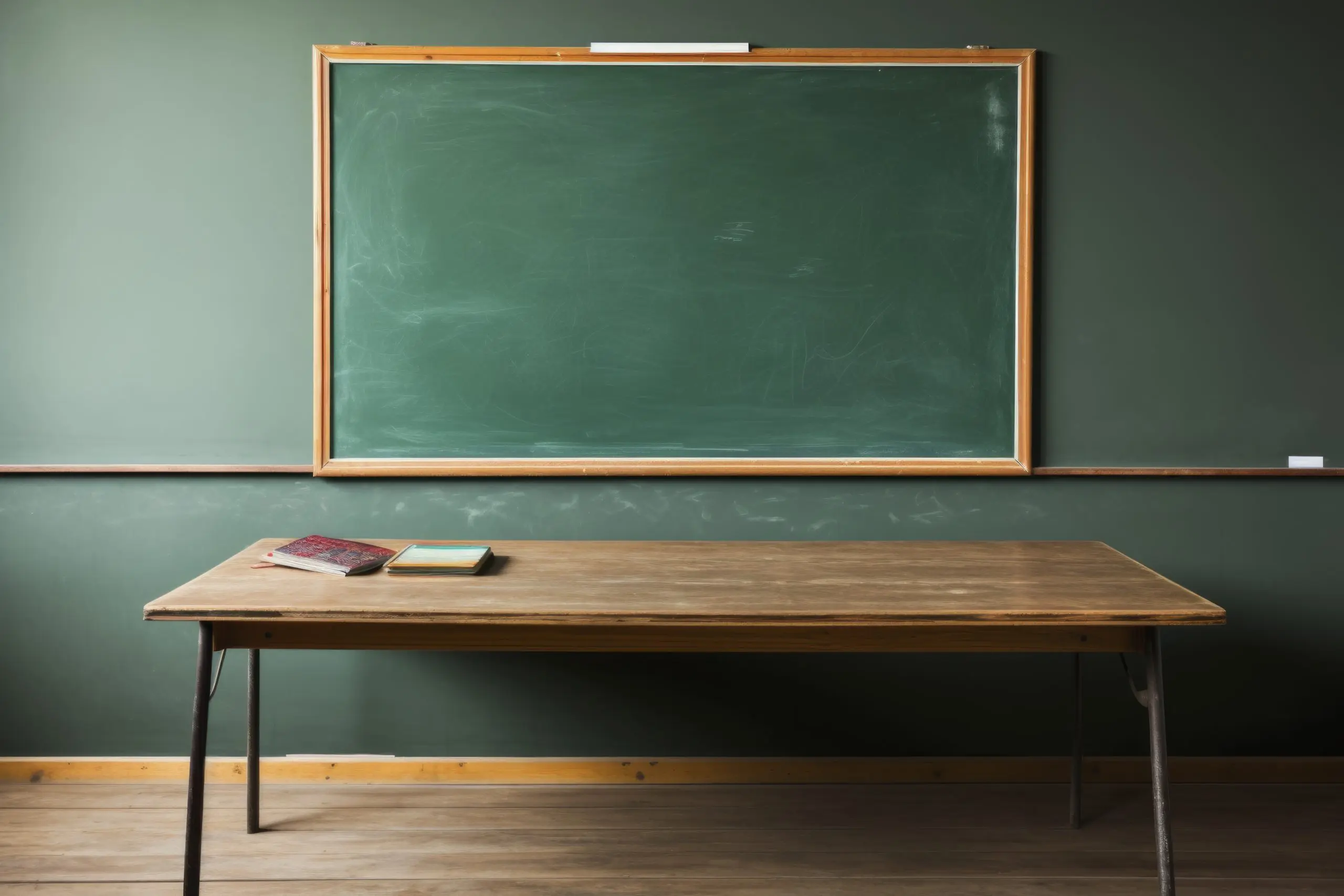 Imagem de quadro escolar verde com mesa na drente da parede verde