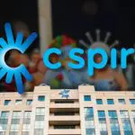 Imagem da abertura da Olimpíada de fundo, logotipo e prédio da C Spire