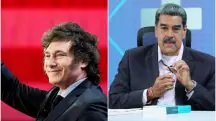 Javier Milei, presidente da Argentina e o ditador da Venezuela, Nicolás Maduro (foto montagem de um ao lado do outro)