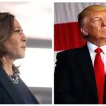Imagem de Kamala de perfil: blazer azul marinho, colar de pérolas e cabelos repicados, de perfil. Ao lado, Trump veste paletó preto, camisa branca e gravata vermelha; no fundo listras vermelha e branca da bandeira americana