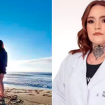 Mulher com jaleco branco de médico veterinário, cabelos avermelhados e tatuagem no pescoço. À esquerda, mulher de costas na praia, ao lado de um cachorro, fundo de céu azul