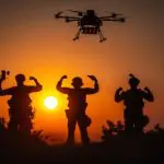 Militares ucranianos vibram em campo de batalha, no sudoeste da Rússia. Na imagem, um drone aparece acima dos soldados