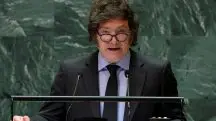 O presidente da Argentina, Javier Milei , discursa na 79ª Assembleia Geral das Nações Unidas na sede da ONU em Nova York, EUA (24/9/2024) | Foto: Reuters/Mike Segar