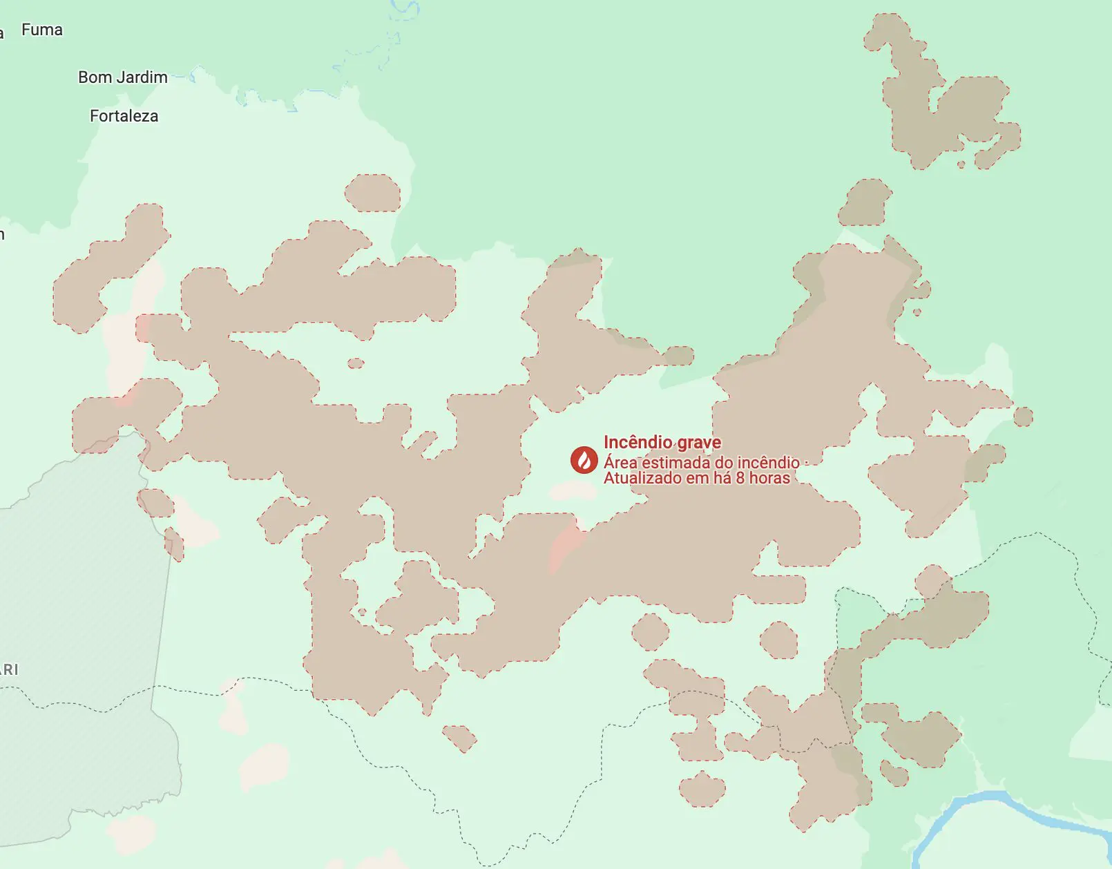 As áreas em vermelho no mapa sinalizam os focos de incêndio no Amazonas | Foto: Reprodução/Maps
