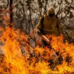 Bombeiros do Distrito Federal combatem incêndio em área de cerrado próximo ao Aeroporto Internacional de Brasília | Foto: Marcelo Camargo/Agência Brasil