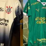 Imagem das camisetas do Corinthians e do Palmeiras com o logotipo do Esportes da Sorte