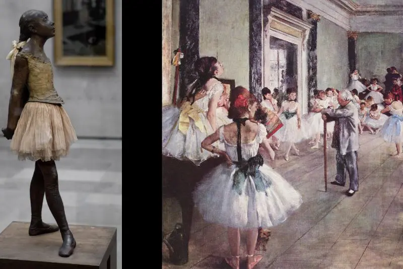 À esquerda, a escultura 'A Bailarina de 14 anos'; à direita, a obra 'A Aula de Dança', de Edgar Degas