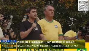 Nikolas Ferreira e Jair Bolsonaro em discurso na manifestação do 7 de Setembro