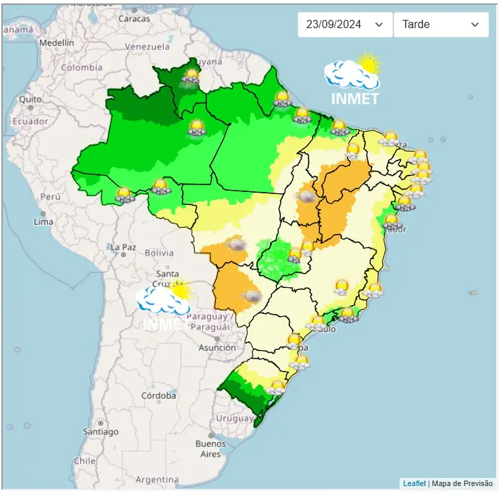 Em Santa Catarina e no Paraná, o calor é mais intenso no oeste dos Estados, com máximas de 32ºC a 33°C em Santa Catarina e até 36°C no oeste e no noroeste do Paraná | Foto: Divulgação/Inmet