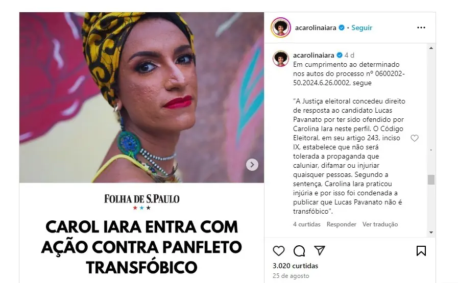 Postagem de Carol Iara