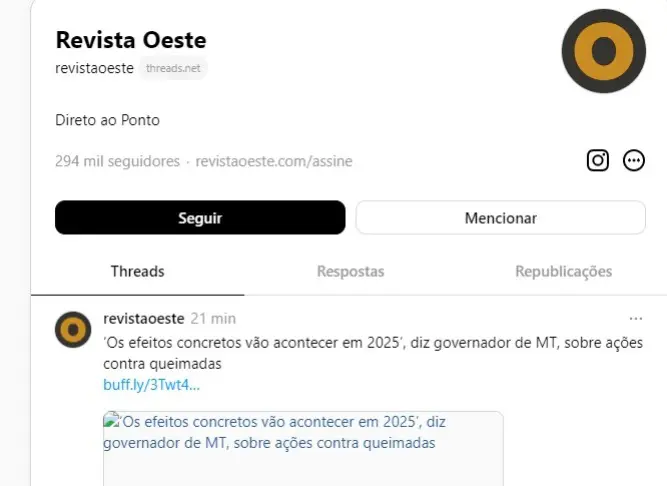 Oeste na rede social Threads | Foto: Reprodução/Redes sociais