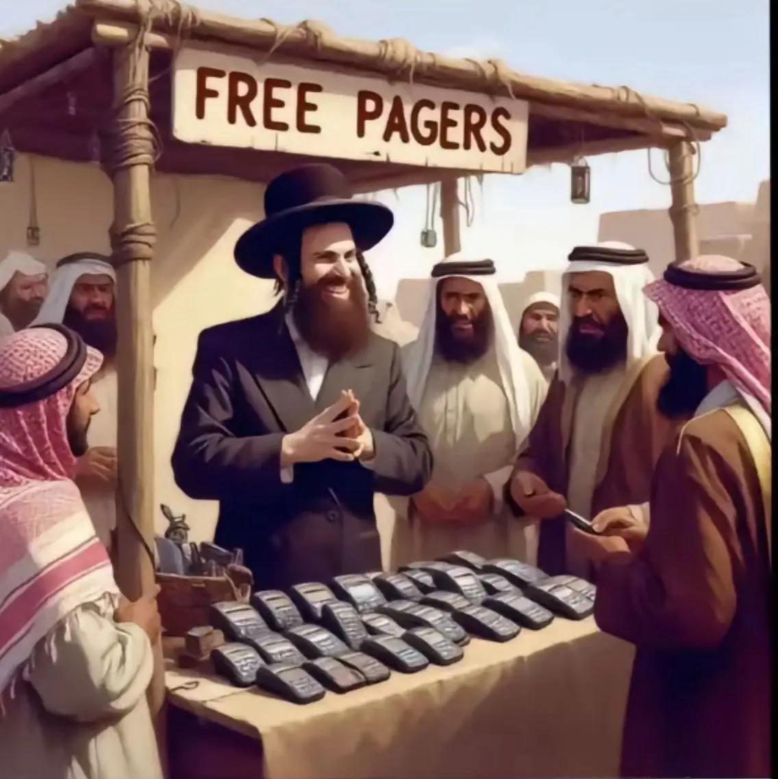 Na imagem, personagens com feições judaicas vendem pagers | Foto: Reprodução/Redes sociais