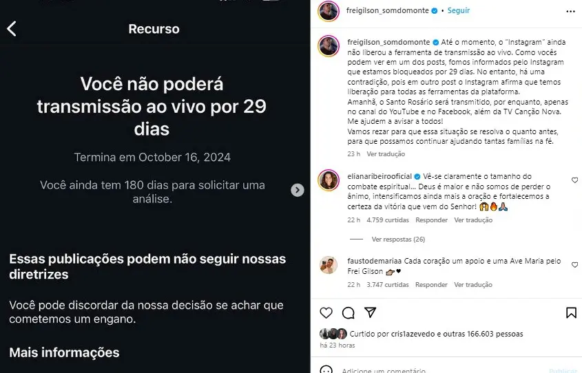 Mensagem de Frei Gilson no Instagram: segundo o religioso, informação da plataforma é contraditória | Foto: Reprodução/Instagram/freigilson_somdomonte