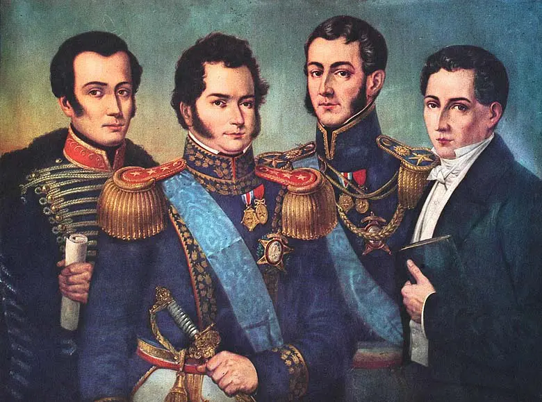 Os chamados 'fundadores' da República do Chile (da esquerda para a direita): José Miguel Carrera, Bernardo O'Higgins, José de San Martín e Diego Portales, em pintura de 1854 de Otto Grashof | Foto: Reprodução/Wikimedia Commons