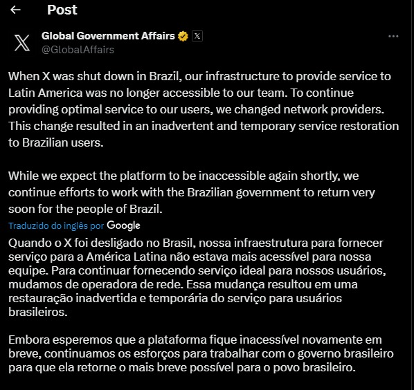 Anúncio do X/Twitter foi divulgado às 19h47 (horário de Brasília) | Foto: Reprodução/X/Twitter