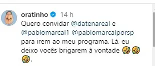 Convite de Ratinho a José Luiz Datena e Pablo Marçal: mensagem no Instagram | Foto: Reprodução/Instagram/@oratinho