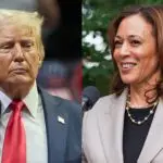 À esqueda, Donald Trump; à direita, Kamala Harris, candidatos à presidência dos EUA