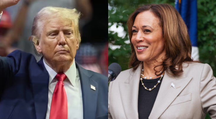 À esqueda, Donald Trump; à direita, Kamala Harris, candidatos à presidência dos EUA
