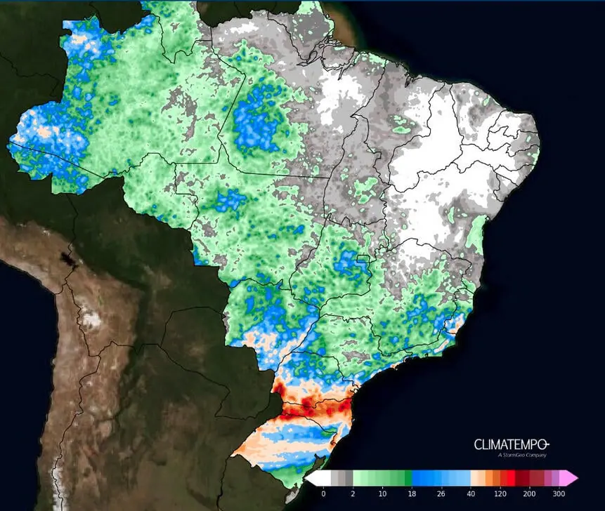 Mapa mostra o acumulado de chuva esperado de 7 a outubro e 11 de outubro de 2024