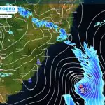 O centro do ciclone já se encontrará afastado no oceano, no sábado 12 | Foto: Divulgação/Meteored