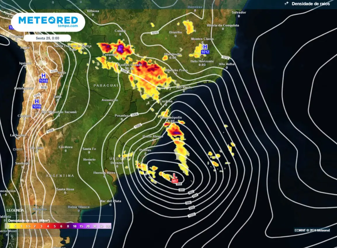Instabilidades ao longo da frente fria do ciclone podem trazer temporais entre São Paulo e Mato Grosso do Sul, na madrugada da sexta-feira | Foto: Divulgação/Meteored