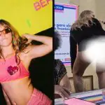 Momento da palestra em que cantora travesti mostra as partes íntimas
