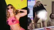 Momento da palestra em que cantora travesti mostra as partes íntimas