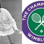 A tenista Maria Esther Bueno ao lado do logotipo do Torneio de Wimbledon