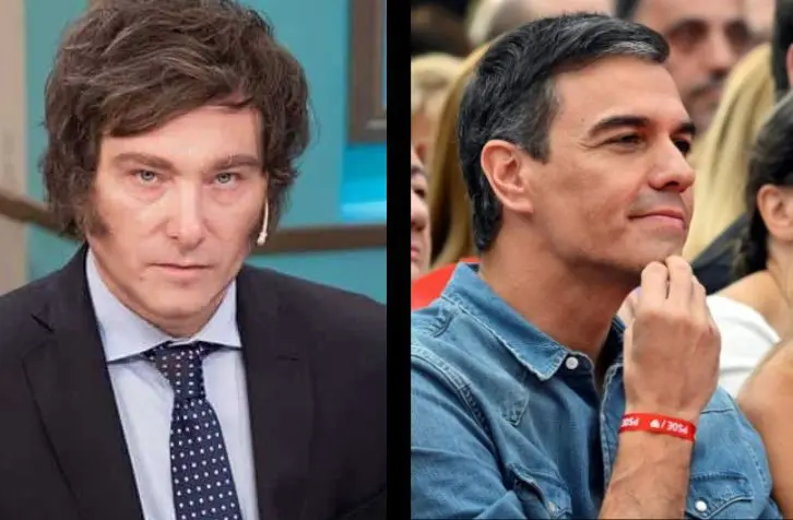 À esquerda, presidente da Argentina, Javier Milei; à direita, presidente da Espanha, Pedro Sánchez