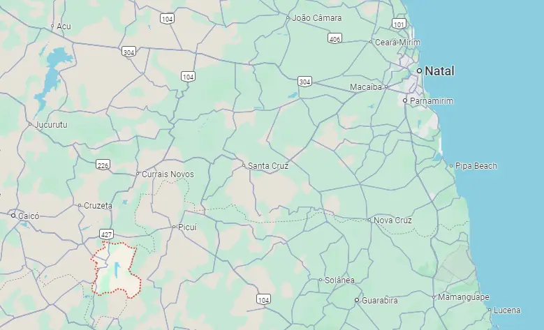Em vermelho, o município de Parelhas, que fica a km de Natal