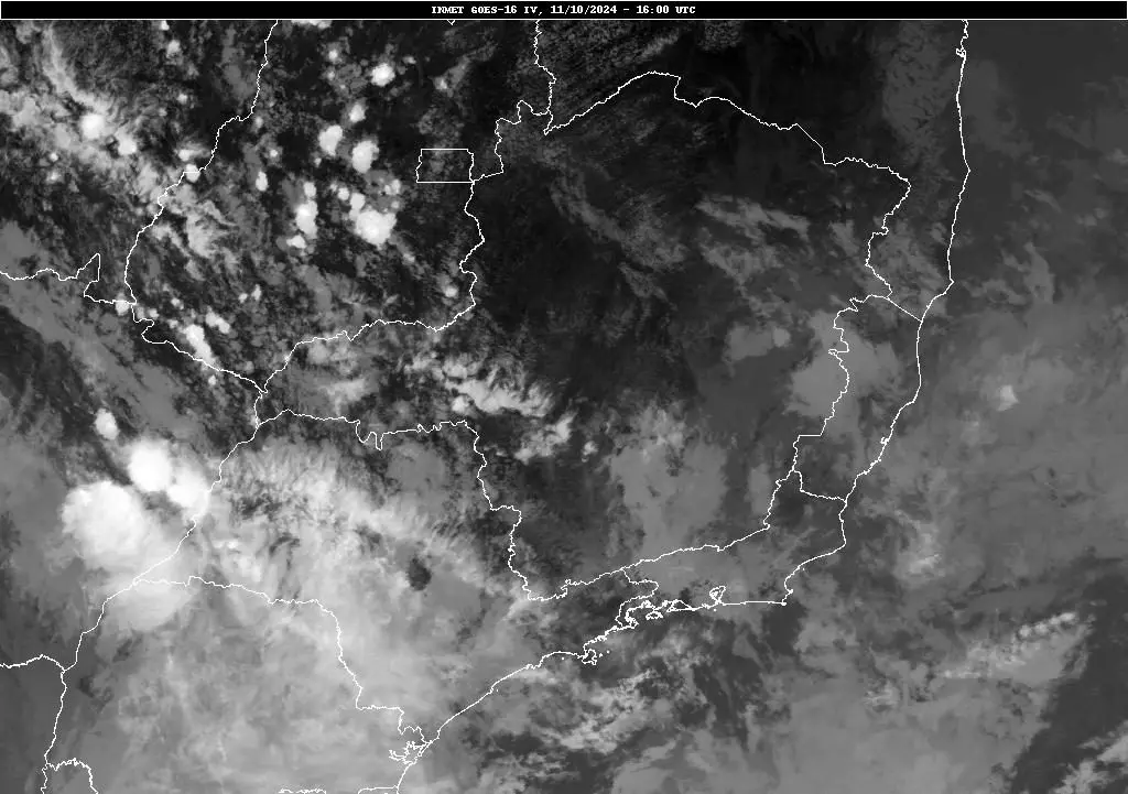Recorte de imagem de satélite GOES, Região Sudeste do Brasil, às 13h00, Brasília. Momento inicial da nebulosidade sobre o estado de São Paulo. As primeiras células de trovoadas entraram pela fronteira Oeste, com Mato Grosso do Sul | Fonte: INMET, 2024-10-11-1600Z IR