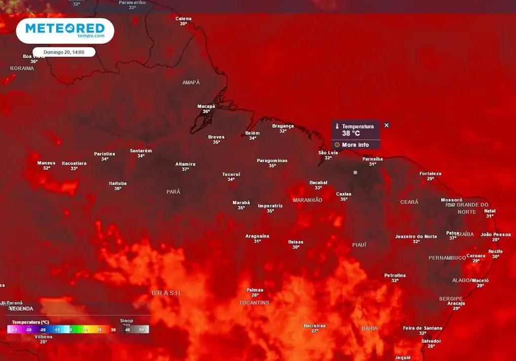 As temperaturas devem ultrapassar os 30ºC em municípios do Nordeste e do Norte, como Pará e Amapá | Foto: Divulgação/Meteored