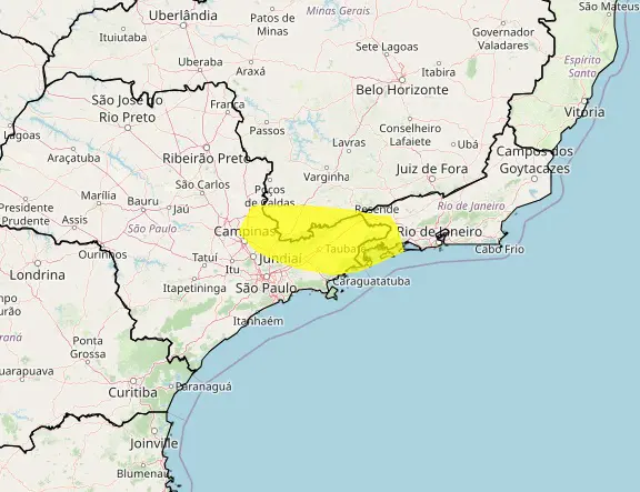 Mapa de alerta de tempestade no Sudeste
