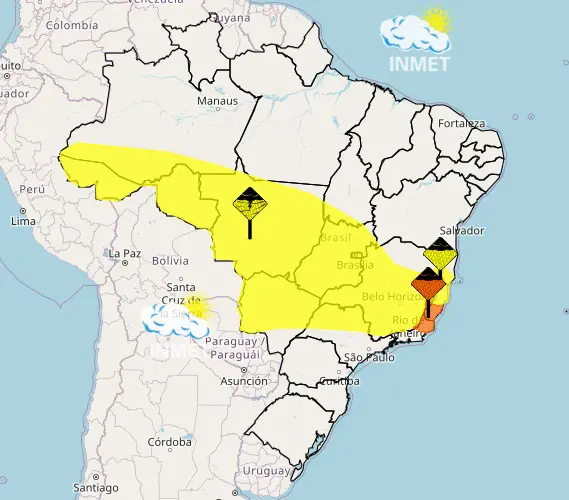 Mapa do Inmet mostra áreas com alertas