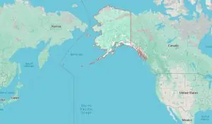 Mapa mostra o território dos Estado Unidos, da Rússia e destaca, em vermelho, o Estado do Alasca