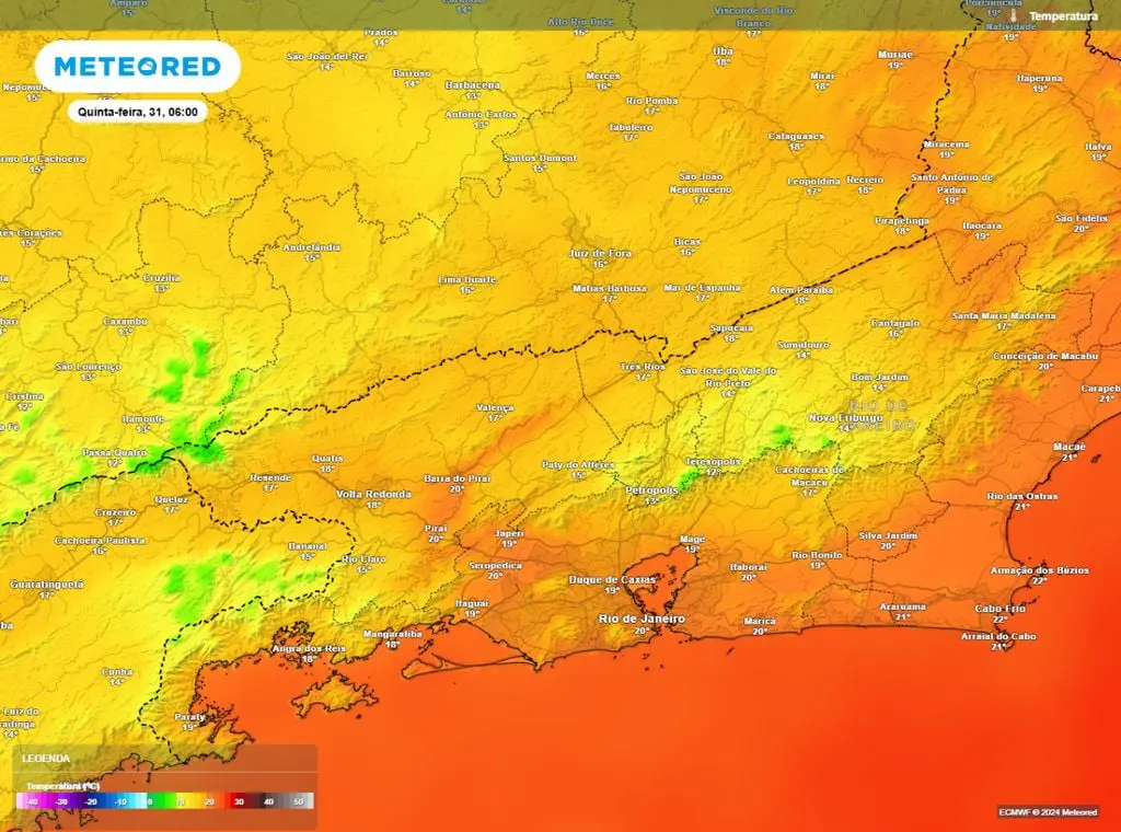 Mapa mostra impacto da frente fria nas temperaturas no RJ