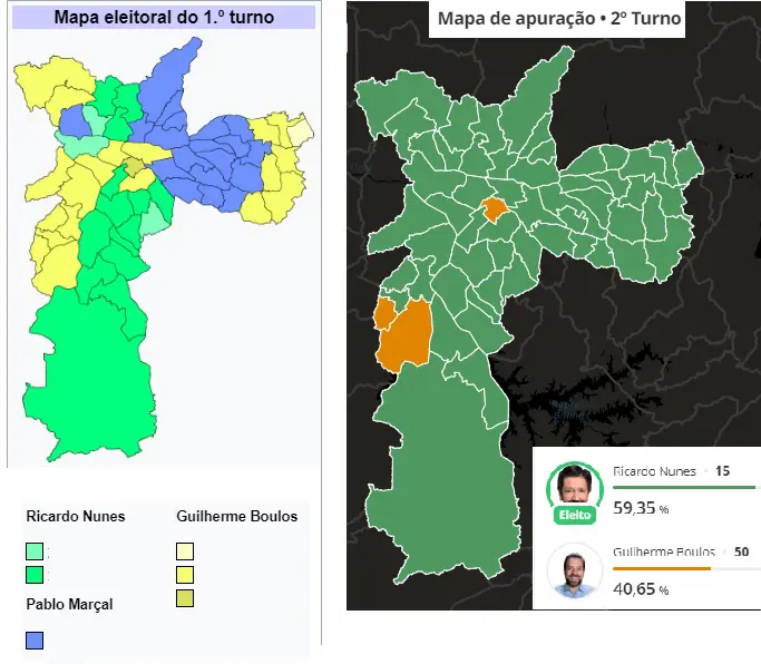 Mapas eleitorais do primeiro e do segundo turno das eleições na cidade de São Paulo