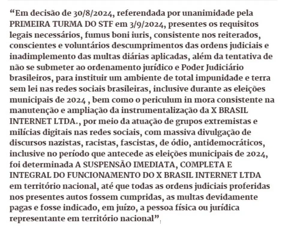 Reprodução do despacho de Moraes em que admite o bloqueio da rede social em razão da então futura realização das disputas eleitorais em 6 de outubro | Foto: Reprodução/Redes sociais