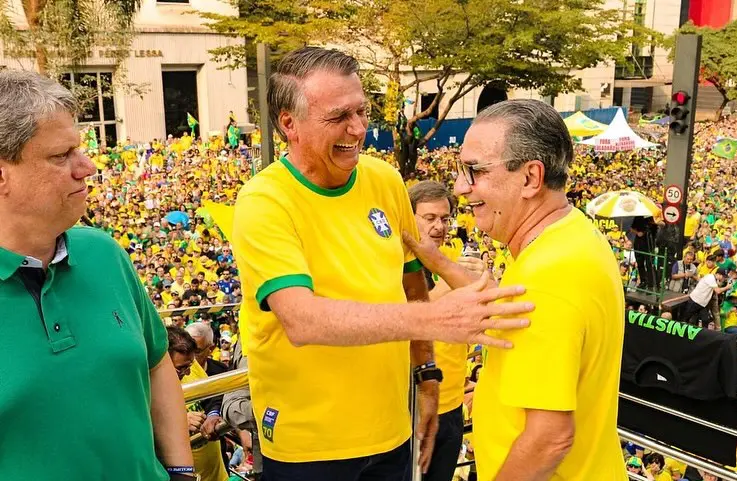Pastor Silas Malafaia, ex-presidente Jair Bolsonaro e governador de São Paulo, Tarcísio de Freitas, em ato do 7 de setembro
