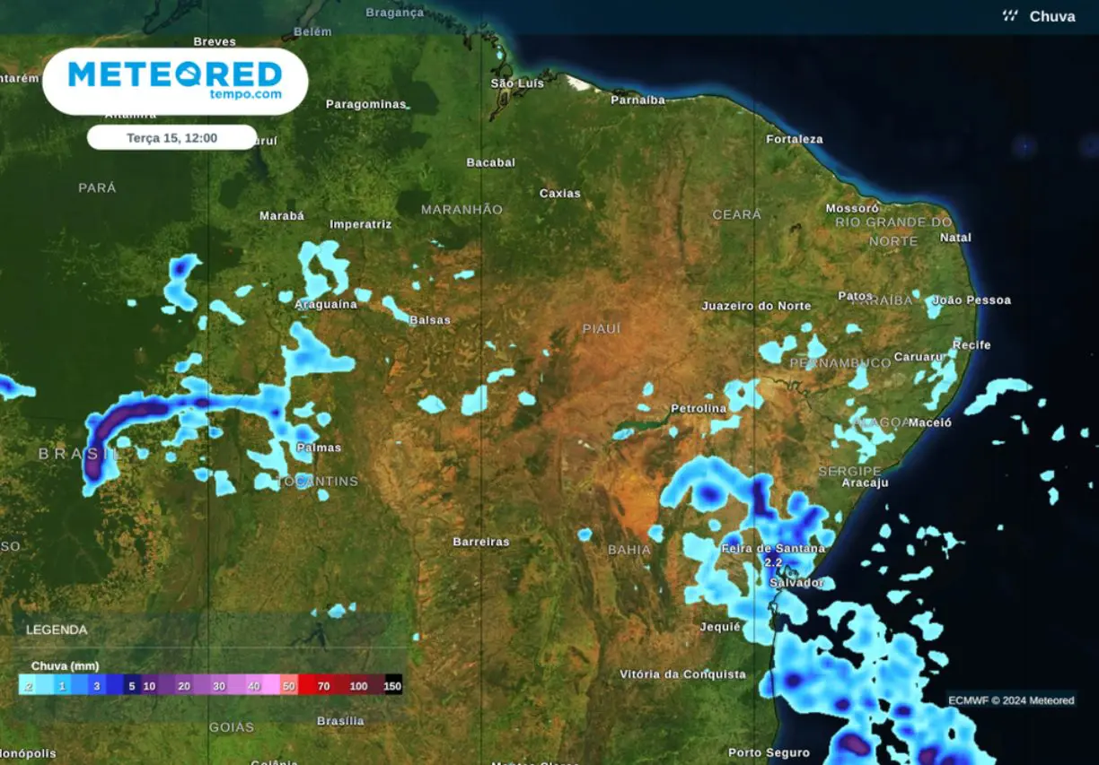 Durante a tarde, as chuvas se espalharão pelo sul do Maranhão e do Piauí, além do sul do Ceará | Foto: Divulgação/Meteored