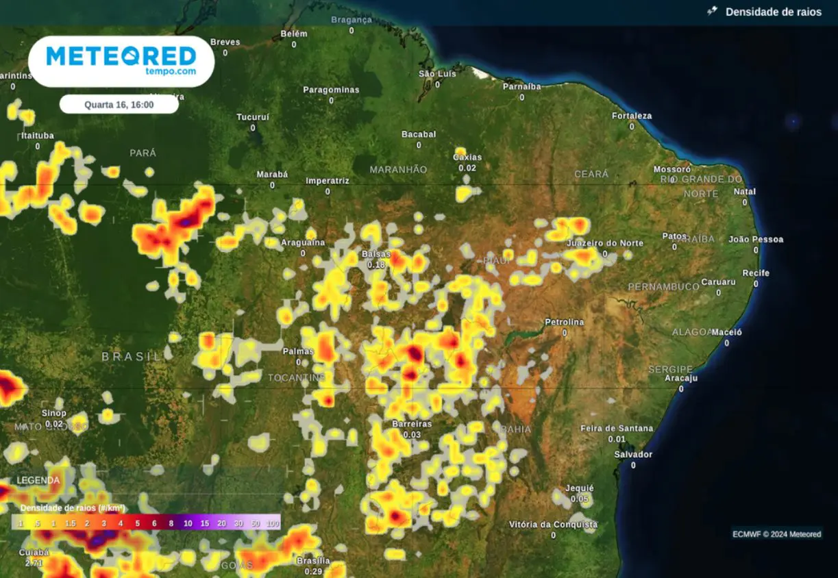 No leste da Bahia, a precipitação continuará ao longo do dia, variando entre fraca e moderada | Foto: Divulgação/Meteored