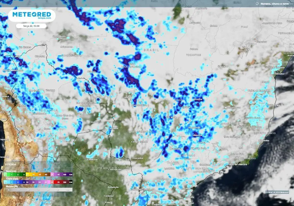 Na terça-feira 22, a probabilidade de chuvas diminui, especialmente pela manhã | Foto: Divulgação/Meteored