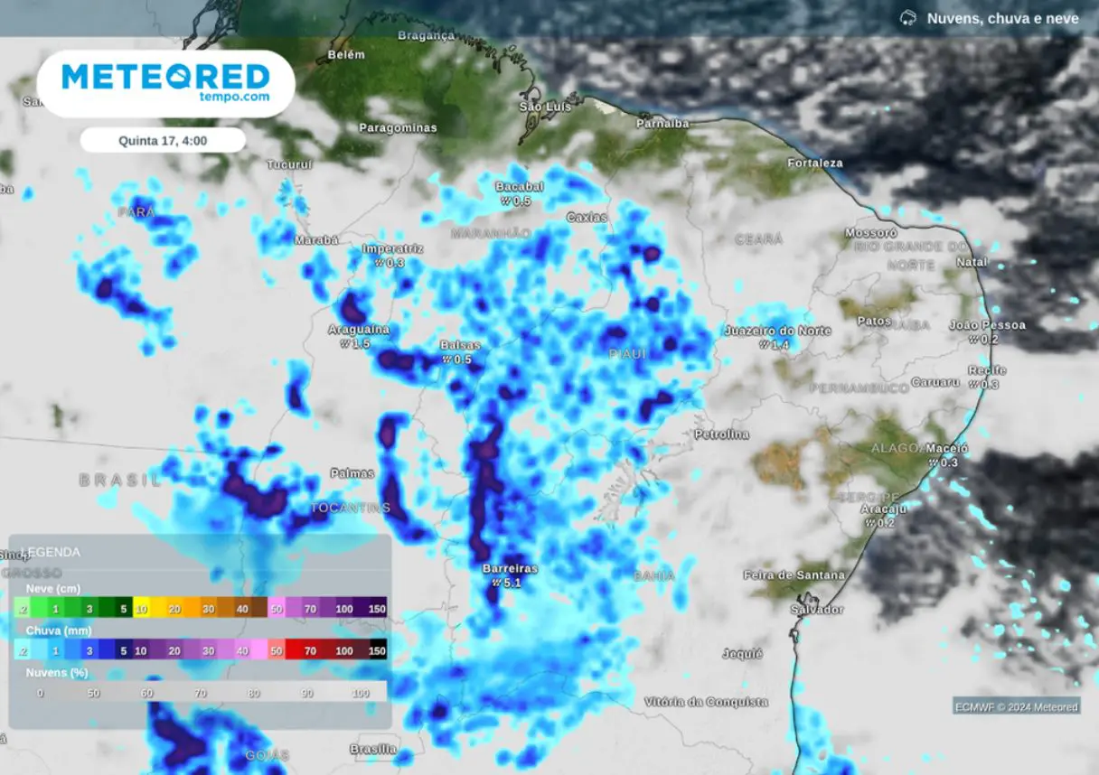 A chuva desta semana deve se concentrar entre a noite da quarta-feira e a madrugada de quinta-feira, nas áreas interioranas do Nordeste | Foto: Divulgação/Meteored