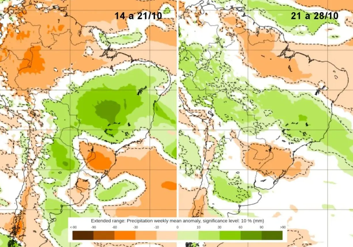 Previsão de anomalia de chuva do modelo ECMWF para as próximas duas semanas de outubro | Foto: Divulgação/Meteored